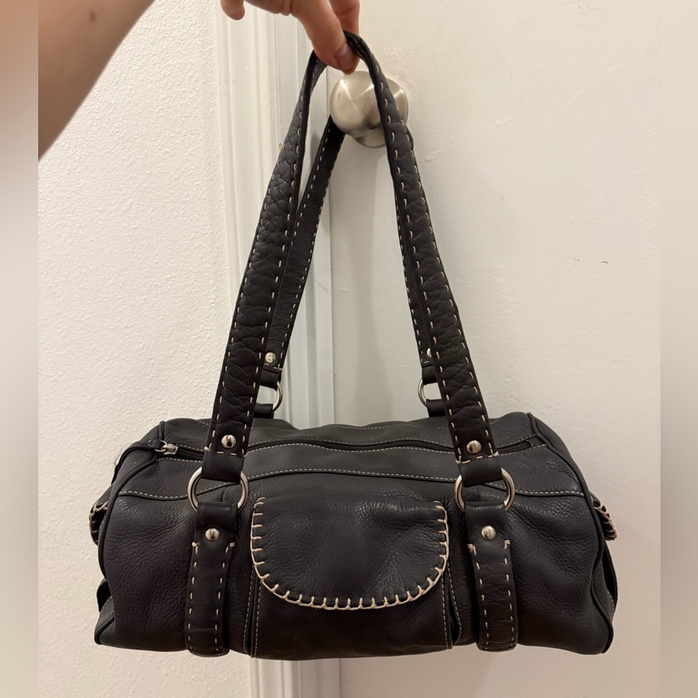 Donald J Pliner Black Pebbled Leather Boho Hobo Bag Shoulder Tote Purse Logo